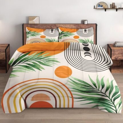 Queen Size Comforter Set with 2 Pillowcases, Contemporary Mid Century 3 Pcs Bedding for Kids and Adults, Rainbow Sun Boho Geometric Soft Comforter Set for Bedroom Bed Decor