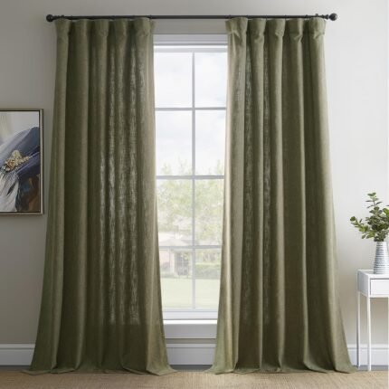 HPD Half Price Drapes Basic Faux Linen Light Filtering Curtains for Bedroom 108 Inches Long (2 Panels) - Rod Pocket Curtains & Drapes for Living Room and Windows - 50 X 108, Khaki Green