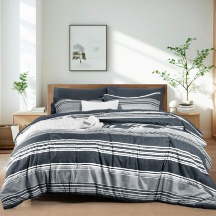 PHF 7 Pieces Queen Comforter Set, Striped Bed in A Bag, Charcoal Grey Stripe Bedding & 18" Deep Pocket All Season, Ultra Soft Bedding Sets with Comforter, Sheets, Pillowcases & Shams