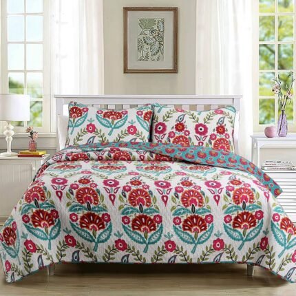 Cozy Line Home Fashions Pink Red Floral 100% Cotton Reversible Quilt Bedding Set, Coverlet Bedspread (Fuchsia Flowers, Queen - 3 Piece)
