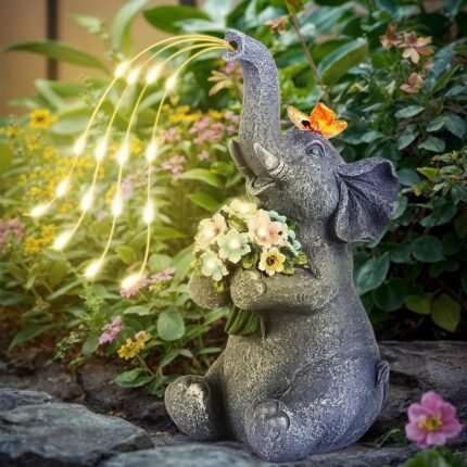 Solar Garden Elephant, Lights Watering Decor, Animal Statue Outdoor, Fairy Garden Accessories,Patio,Yard,Balcony Decorations, Lawn Ornament, Housewarming, Birthday,Mothers Day Mom Gifts