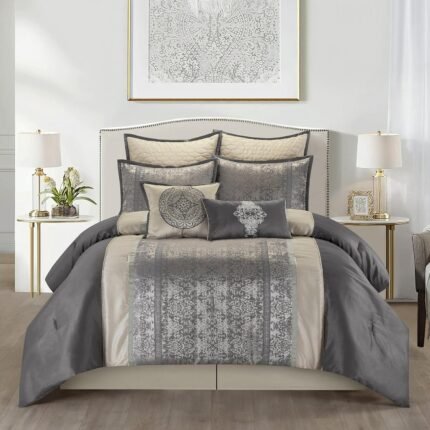 Stratford Park Silver/Ivory Damask Patchwork Comforters Queen Size Set, 8 Piece, Jacquard Pillow Sham, Bedskirt, Decorative Pillow, All Season Bedding Set