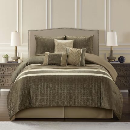 Stratford Park Taupe Comforter Set Queen Size, 7 Pieces Geometric Bedding Set, Jacquard with Matching Solid Piecework