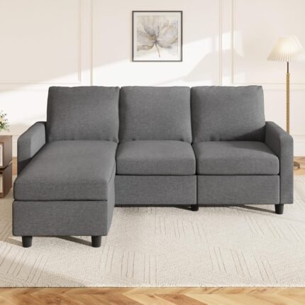 HONBAY Convertible Sectional Sofa, L Shaped Couch with Reversible Chaise for Small Space, Dark Black